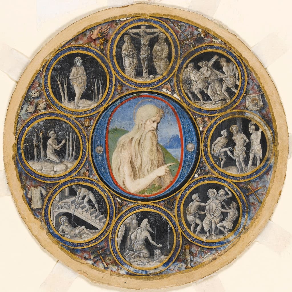 St John the Baptist, Hermit Saints and Christ’s Passion  Initial mounted within a roundel Italy, Bologna or Parma, c.1490-1500