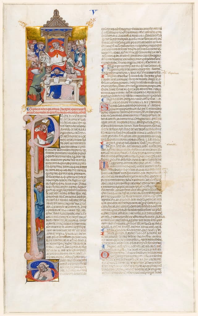 Cardinal-judge conducting a court hearing Leaf from Iohannes Andreae, Novella in Decretales Italy, Bologna, c.1365