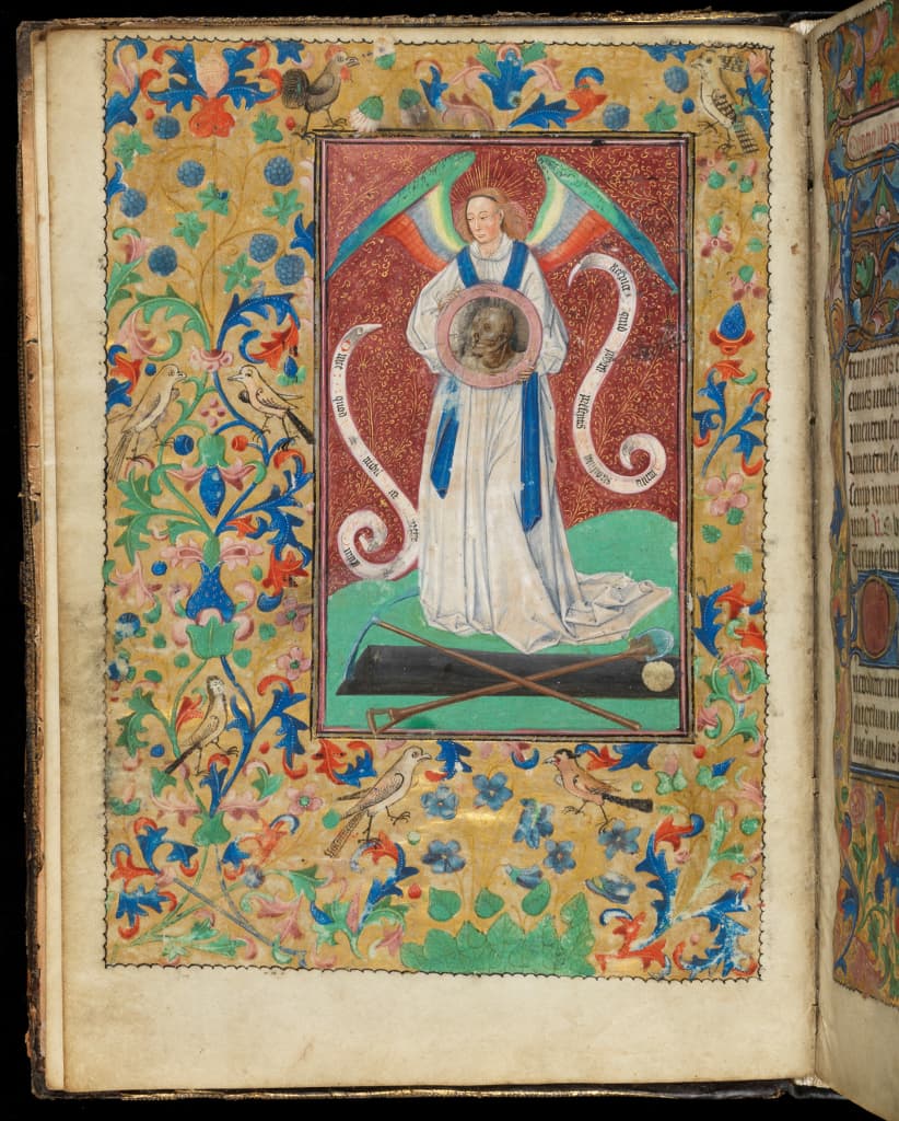 Guardian Angel with a mirror-image of death Book of Hours Flanders, Bruges, c.1460-1470