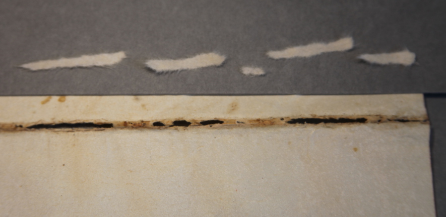 The repair patches have soft edges which blend well with the original parchment