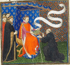 MS 251, f. 13r (detail): Jean de Berry stands to the left of the throne as the King receives Livre des proprietés des choses from the translator, Jean Corbechon.