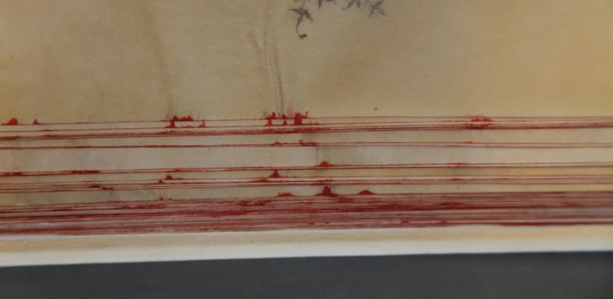 Red colouring on the edges seeped into gaps caused by undulations in the parchment leaves